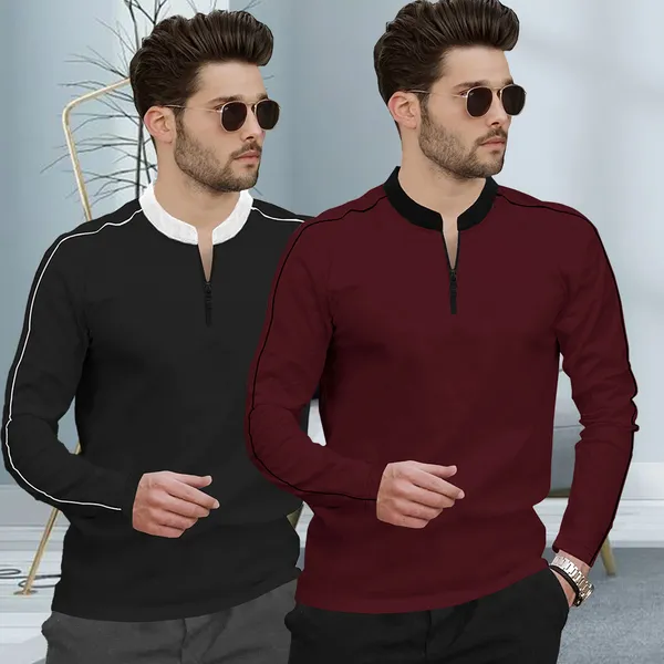 Pack_Of_2_Black_&_Maroon_Premium_Cotton_Blend_Full_Sleeve_Mandarin_Collar_Regular_Fit_T-Shirt_For_Men