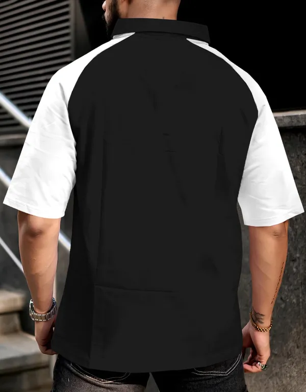 White_&_Black_Premium_Cotton_Blend_3/4_Sleeve_Polo_Neck_Oversized_T-Shirt_For_Men