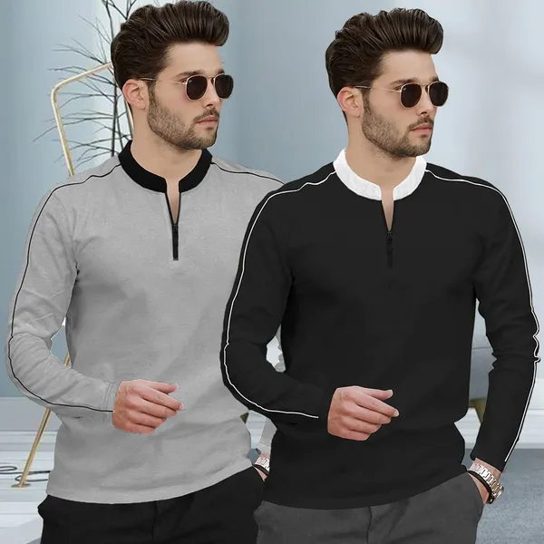 Grey_&_Black_Premium_Cotton_Blend_Full_Sleeve_Mandarin_Collar_Regular_Fit_T-Shirt_For_Men_(Pack_Of_2)