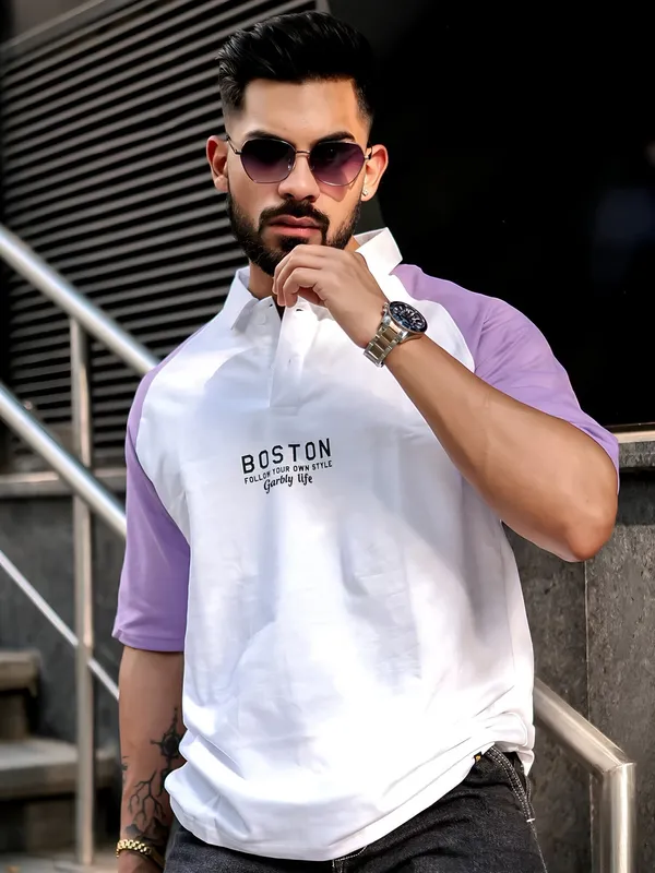 Lavender_Premium_Cotton_Blend_3/4_Sleeve_Polo_Neck_Oversized_T-Shirt_For_Men