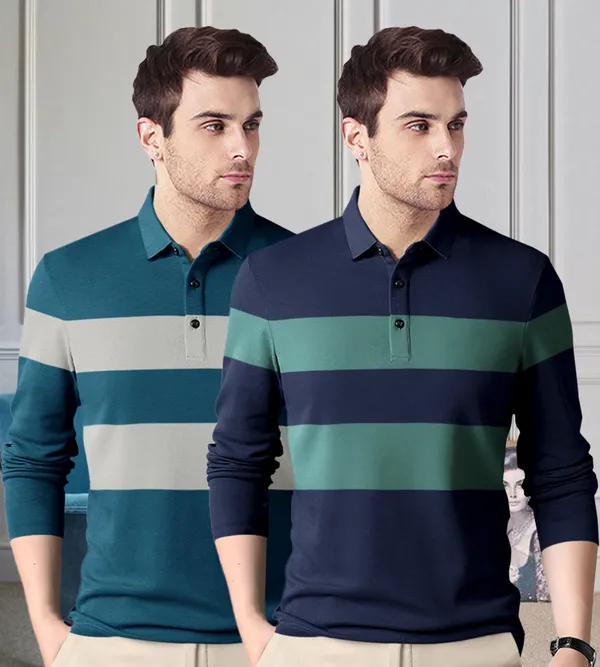Teal_Blue_&_Dark_Navy_Premium_Cotton_Blend_Full_Sleeve_Polo_Neck_Regular_Fit_T-Shirt_For_Men_(Pack_Of_2)