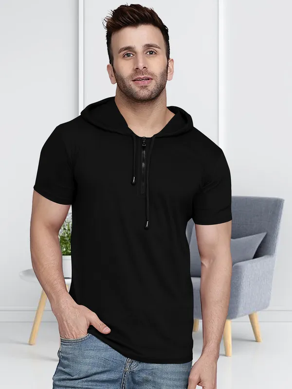 Black_Premium_Cotton_Blend_Half_Sleeve_Hooded_Neck_Regular_Fit_T-Shirt_For_Men
