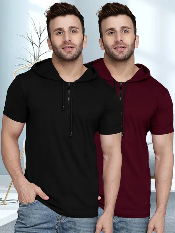 Pack_Of_2_Maroon_&_Black_Premium_Cotton_Blend_Half_Sleeve_Hooded_Neck_Regular_Fit_T-Shirt_For_Men