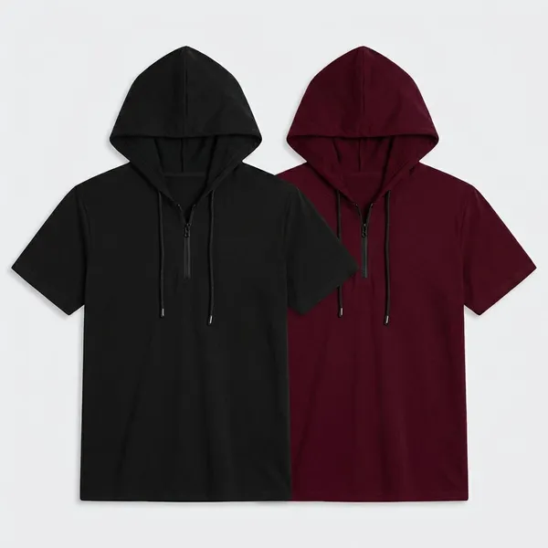 Pack_Of_2_Maroon_&_Black_Premium_Cotton_Blend_Half_Sleeve_Hooded_Neck_Regular_Fit_T-Shirt_For_Men