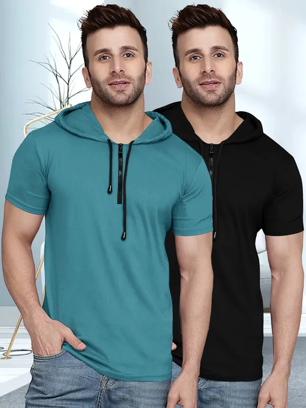 Pack_Of_2_Dark_Green_&_Black_Premium_Cotton_Blend_Half_Sleeve_Hooded_Neck_Regular_Fit_T-Shirt_For_Men