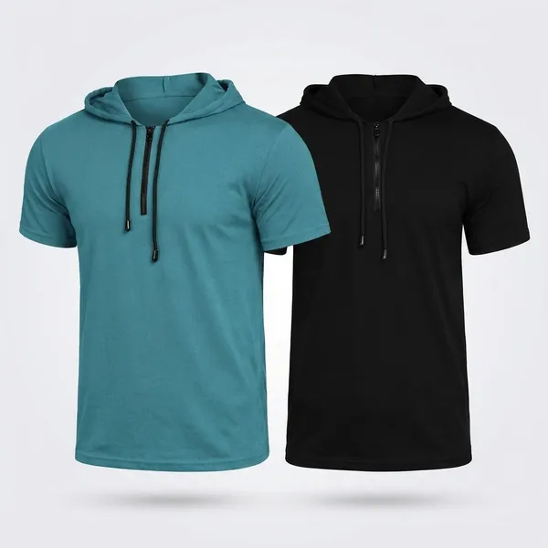 Pack_Of_2_Dark_Green_&_Black_Premium_Cotton_Blend_Half_Sleeve_Hooded_Neck_Regular_Fit_T-Shirt_For_Men