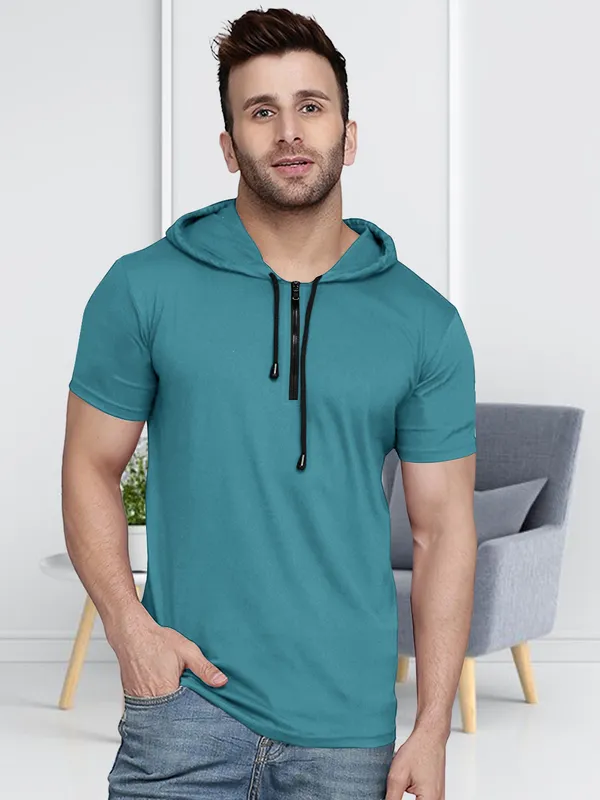 Green_Premium_Cotton_Blend_Half_Sleeve_Hooded_Neck_Regular_Fit_T-Shirt_For_Men