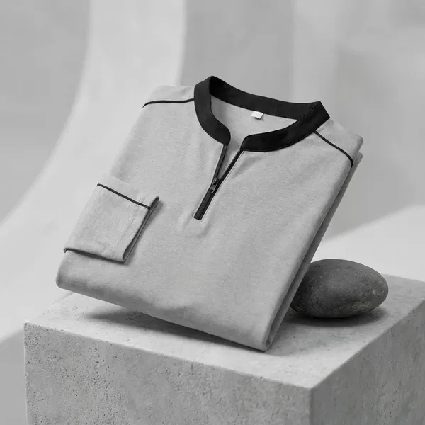 Grey_Premium_Cotton_Blend_Full_Sleeve_Mandarin_Collar_Regular_Fit_T-Shirt_For_Men