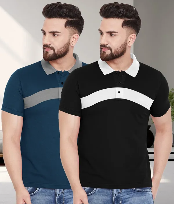 Pack_Of_2_Black_&_Teal_Blue_Premium_Cotton_Blend_Half_Sleeve_Polo_Neck_Regular_Fit_T-Shirt_For_Men