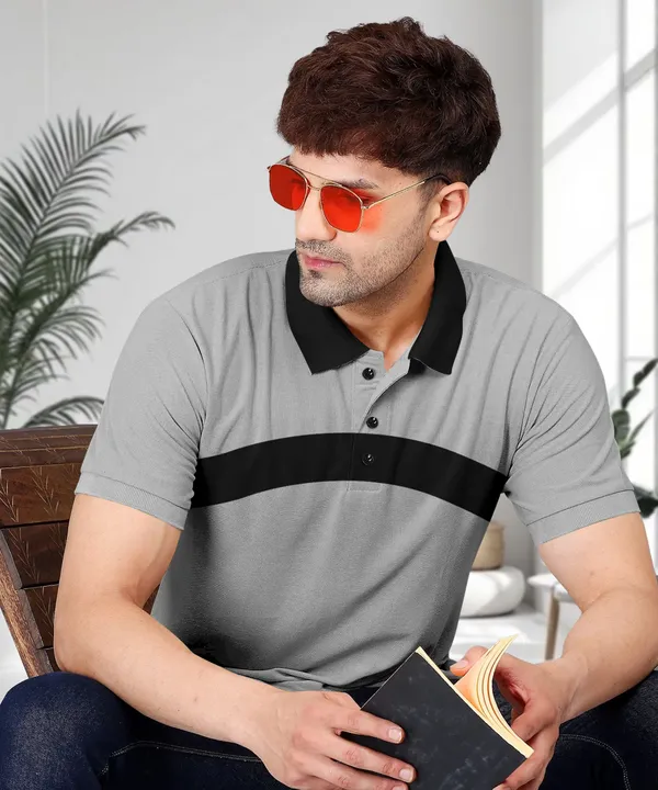 Grey_Premium_Cotton_Blend_Half_Sleeve_Polo_Neck_Regular_Fit_T-Shirt_For_Men