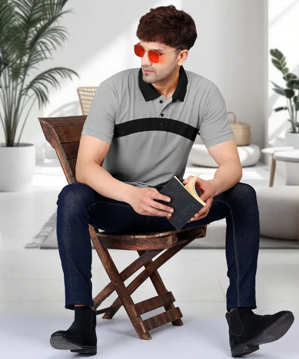 Grey_Premium_Cotton_Blend_Half_Sleeve_Polo_Neck_Regular_Fit_T-Shirt_For_Men