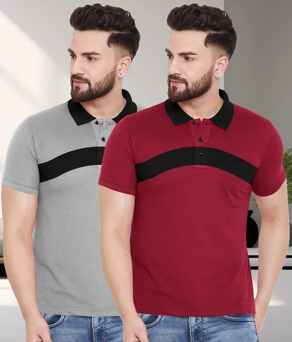 Pack_Of_2_Grey_&_Maroon_Premium_Cotton_Blend_Half_Sleeve_Polo_Neck_Regular_Fit_T-Shirt_For_Men