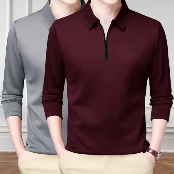 Pack_Of_2_Grey_&_Maroon_Premium_Cotton_Blend_Full_Sleeve_Polo_Neck_Regular_Fit_T-Shirt_For_Men