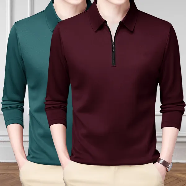 Pack_Of_2_Moss_Green_&_Maroon_Premium_Cotton_Blend_Full_Sleeve_Polo_Neck_Regular_Fit_T-Shirt_For_Men