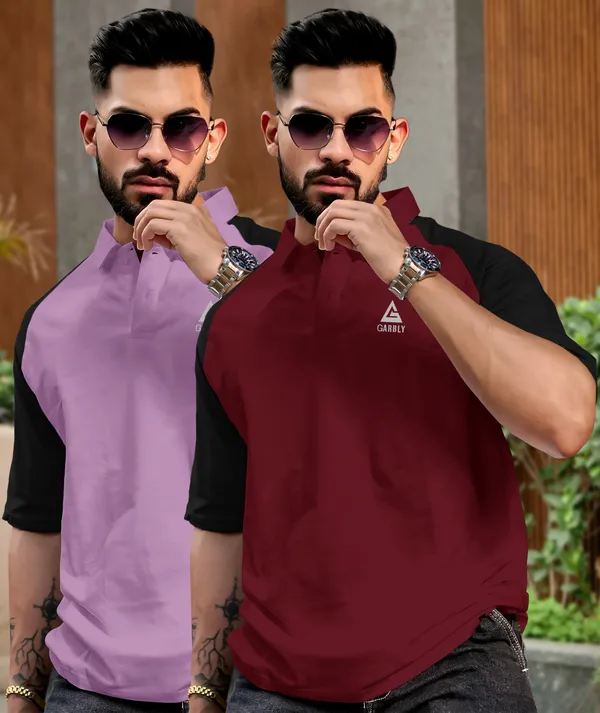 Lavender_&_Maroon_Premium_Cotton_Blend_3/4_Sleeve_Polo_Neck_Oversized_T-Shirt_For_Men_(Pack_Of_2)