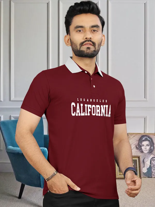 Maroon_Premium_Cotton_Blend_Half_Sleeve_Polo_Neck_Regular_Fit_T-Shirt_For_Men