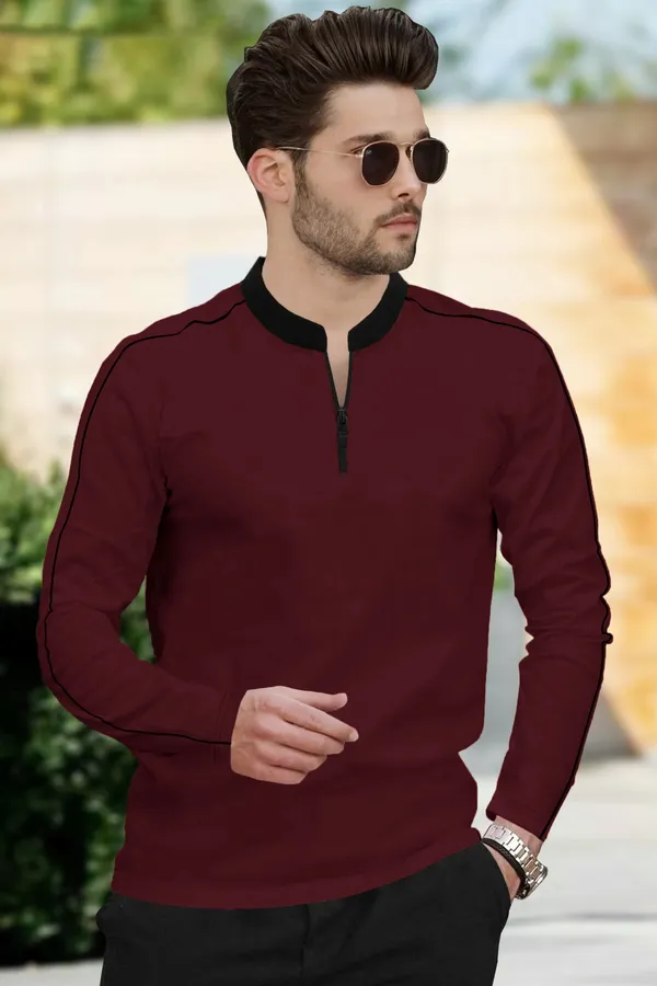 Grey_&_Maroon_Premium_Cotton_Blend_Full_Sleeve_Mandarin_Collar_Regular_Fit_T-Shirt_For_Men_(Pack_Of_2)