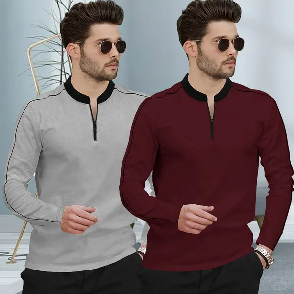 Grey_&_Maroon_Premium_Cotton_Blend_Full_Sleeve_Mandarin_Collar_Regular_Fit_T-Shirt_For_Men_(Pack_Of_2)