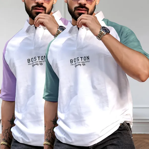 Lavender_&_Moisgreen_Premium_Cotton_Blend_3/4_Sleeve_Polo_Neck_Oversized_T-Shirt_For_Men_(Pack_Of_2)