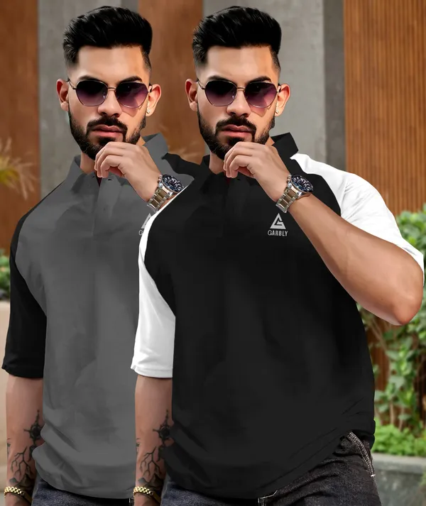 Grey_Black_&_White_Premium_Cotton_Blend_3/4_Sleeve_Polo_Neck_Oversized_T-Shirt_For_Men_(Pack_Of_2)