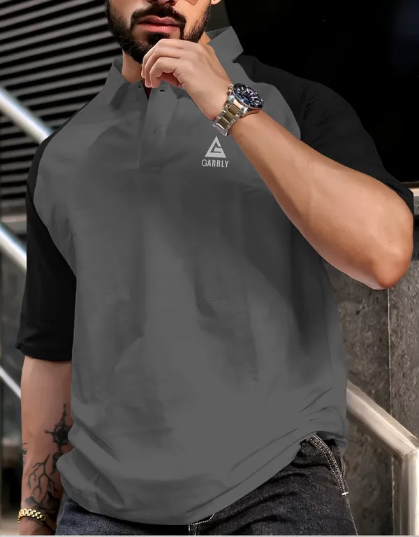 Grey_Black_&_White_Premium_Cotton_Blend_3/4_Sleeve_Polo_Neck_Oversized_T-Shirt_For_Men_(Pack_Of_2)