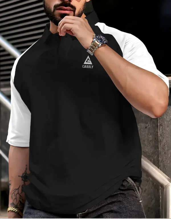 Grey_Black_&_White_Premium_Cotton_Blend_3/4_Sleeve_Polo_Neck_Oversized_T-Shirt_For_Men_(Pack_Of_2)