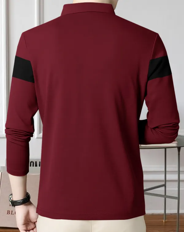 Maroon_Premium_Cotton_Blend_Full_Sleeve_Polo_Neck_Regular_Fit_T-Shirt_For_Men