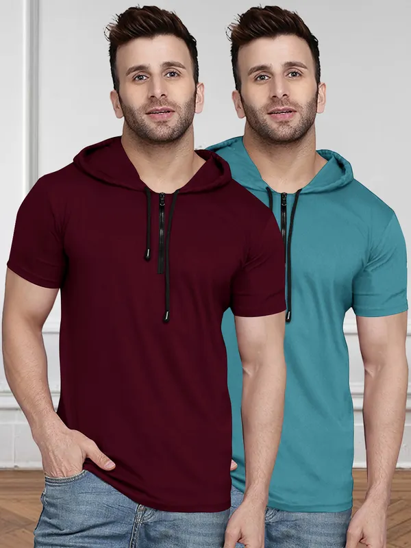 Maroon_&_Moisgreen_Premium_Cotton_Blend_Half_Sleeve_Hooded_Neck_Regular_Fit_T-Shirt_For_Men_(Pack_Of_2)