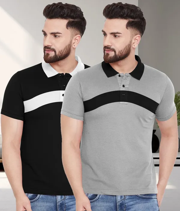 Pack_Of_2_Black_&_Grey_Premium_Cotton_Blend_Half_Sleeve_Polo_Neck_Regular_Fit_T-Shirt_For_Men
