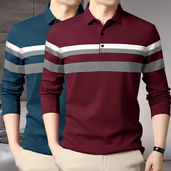 Teal_Blue_&_Maroon_Premium_Cotton_Blend_Full_Sleeve_Polo_Neck_Regular_Fit_T-Shirt_For_Men_(Pack_Of_2)