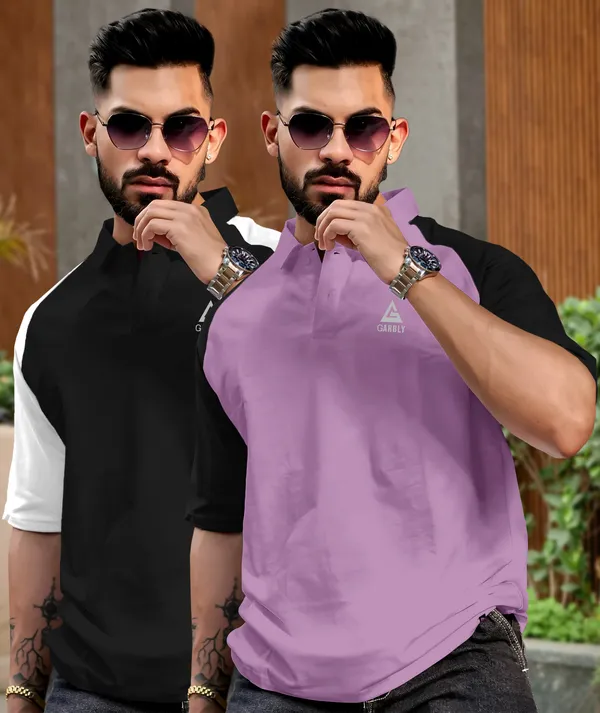 White_&_Lavender_Premium_Cotton_Blend_3/4_Sleeve_Polo_Neck_Oversized_T-Shirt_For_Men_(Pack_Of_2)