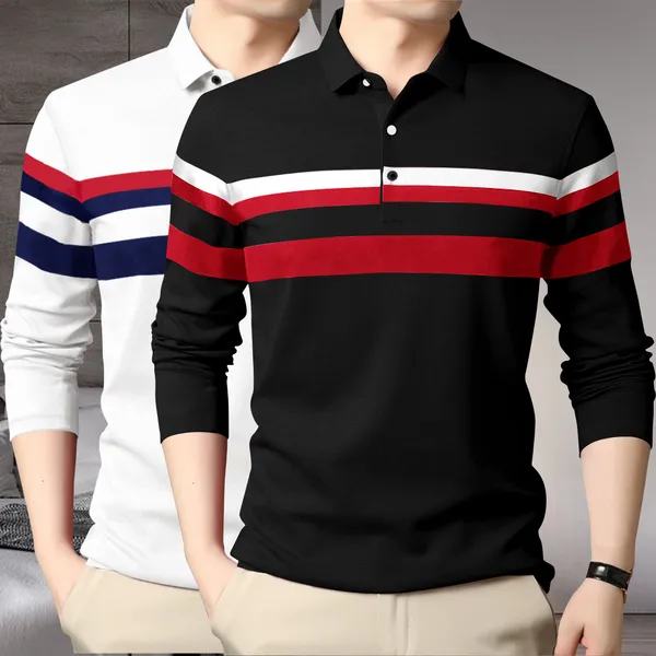 White_&_Black_Premium_Cotton_Blend_Full_Sleeve_Polo_Neck_Regular_Fit_T-Shirt_For_Men_(Pack_Of_2)