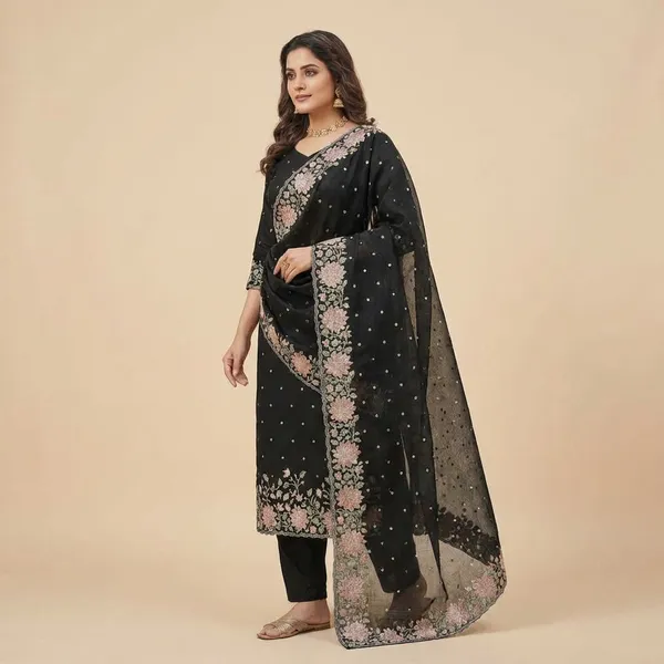 Black_Banarasi_Unstitch_Suit_Pure_Mercerised_Kota_Check_With_Embroidery_For_Women