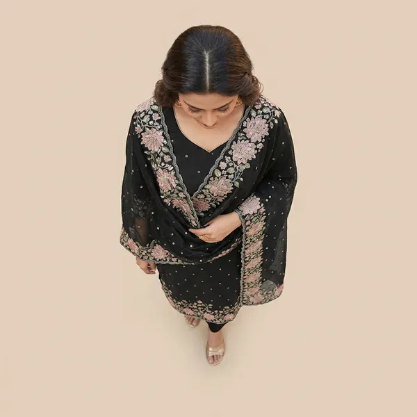 Black_Banarasi_Unstitch_Suit_Pure_Mercerised_Kota_Check_With_Embroidery_For_Women