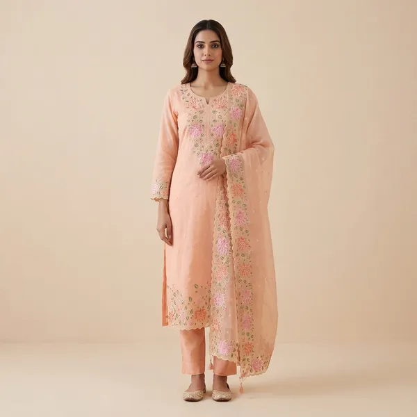 Peach_Banarasi_Unstitch_Suit_Pure_Mercerised_Kota_Check_With_Embroidery_For_Women