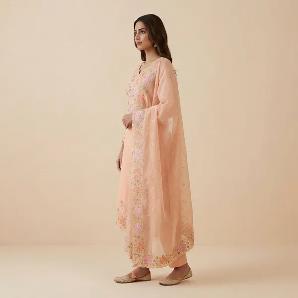 Peach_Banarasi_Unstitch_Suit_Pure_Mercerised_Kota_Check_With_Embroidery_For_Women
