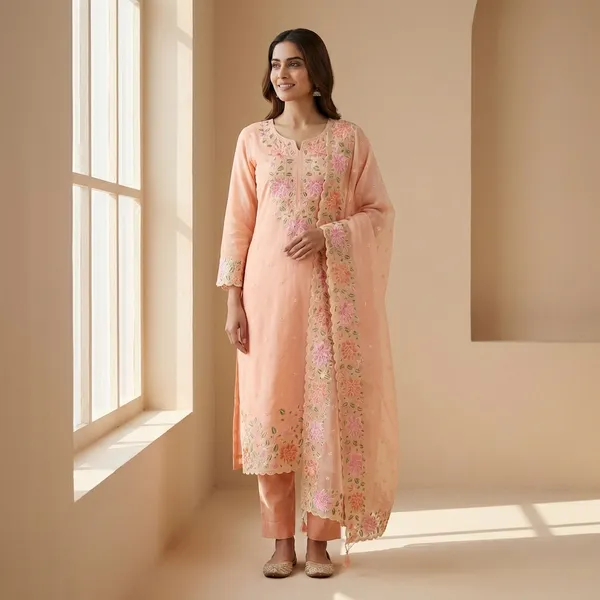 Peach_Banarasi_Unstitch_Suit_Pure_Mercerised_Kota_Check_With_Embroidery_For_Women