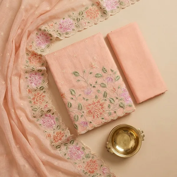 Peach_Banarasi_Unstitch_Suit_Pure_Mercerised_Kota_Check_With_Embroidery_For_Women
