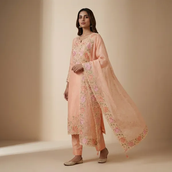 Peach_Banarasi_Unstitch_Suit_Pure_Mercerised_Kota_Check_With_Embroidery_For_Women