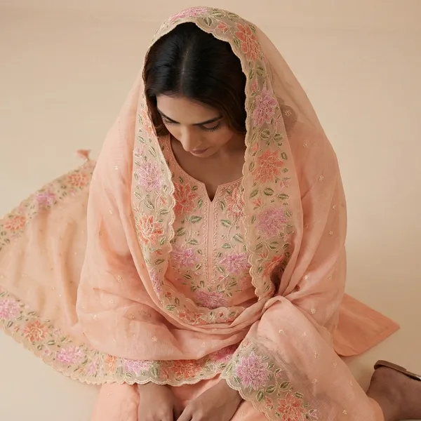 Peach_Banarasi_Unstitch_Suit_Pure_Mercerised_Kota_Check_With_Embroidery_For_Women