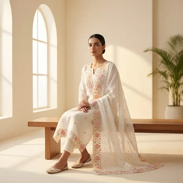 White_Banarasi_Unstitch_Suit_Pure_Mercerised_Kota_Check_With_Embroidery_For_Women