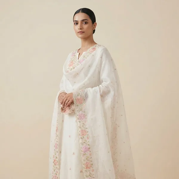 White_Banarasi_Unstitch_Suit_Pure_Mercerised_Kota_Check_With_Embroidery_For_Women