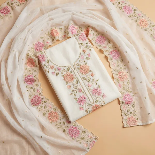 White_Banarasi_Unstitch_Suit_Pure_Mercerised_Kota_Check_With_Embroidery_For_Women