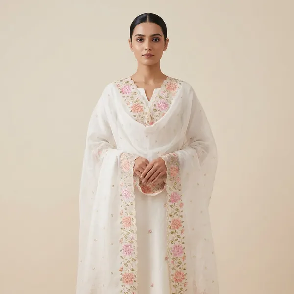 White_Banarasi_Unstitch_Suit_Pure_Mercerised_Kota_Check_With_Embroidery_For_Women