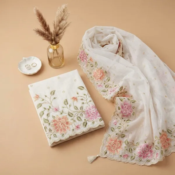 White_Banarasi_Unstitch_Suit_Pure_Mercerised_Kota_Check_With_Embroidery_For_Women