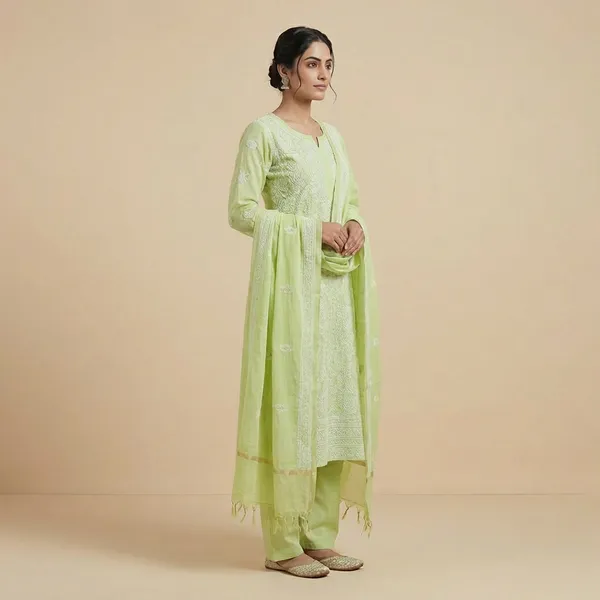 Pista_Organza_Chikan_Embroidry_Unstitch_Suit_For_Women
