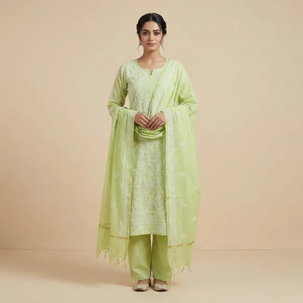 Pista_Organza_Chikan_Embroidry_Unstitch_Suit_For_Women