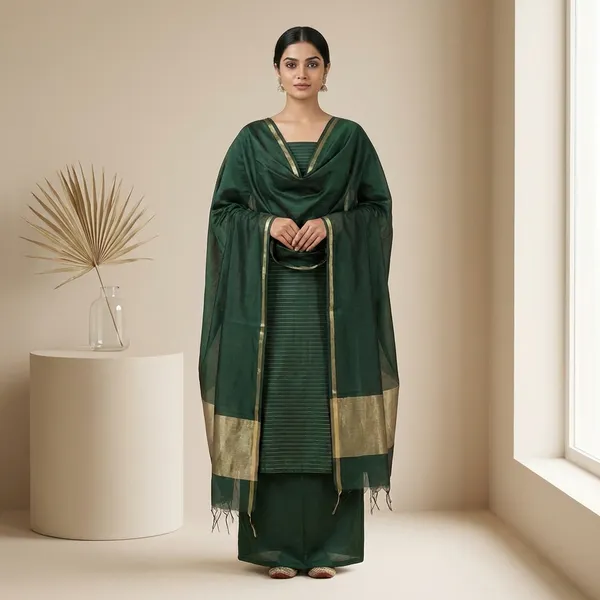 Bottle_Green_Banarsi_Unstitch_Suit_Zari_Strip_Unstitch_Suit_For_Women