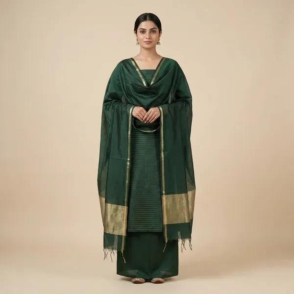 Bottle_Green_Banarsi_Unstitch_Suit_Zari_Strip_Unstitch_Suit_For_Women