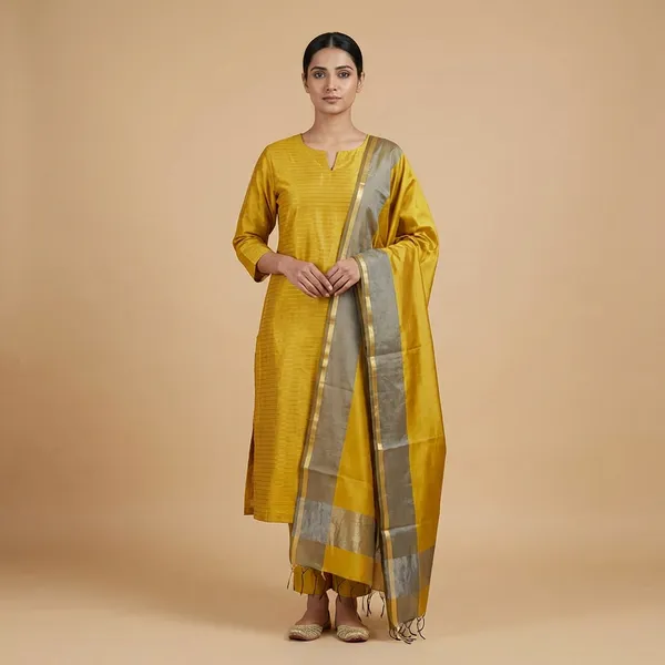 Musturd_Banarsi_Unstitch_Suit_Zari_Strip_Unstitch_Suit_For_Women